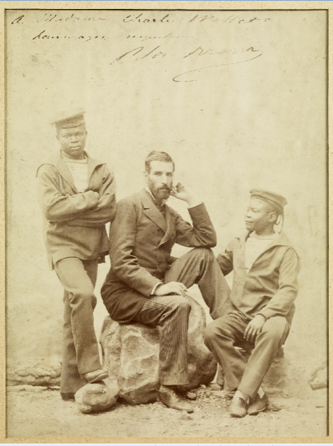 (Original Caption) "Pierre Savorgiran Brazza (1852-1905), French sailor and explorer of the Congo with two sailors. Undated photo by Nadar."