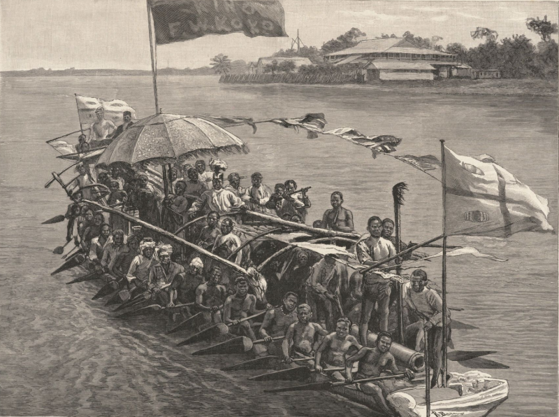 King Koko in His War Canoe on His Way Down the River, The Rising of the Brassmen on the Guinea Coast, full-page illustration from The Daily Graphic of London. March, 30, 1885