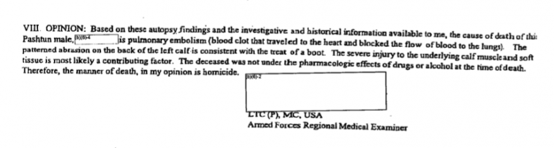1. Excerpted from Department of Defense Document 003146, derived from the ACLU Torture FOIA documents, describing Iraqi and Afghan men killed in American military prisons and subjected to autopsies; from the project, Did You Kiss the Dead Body?