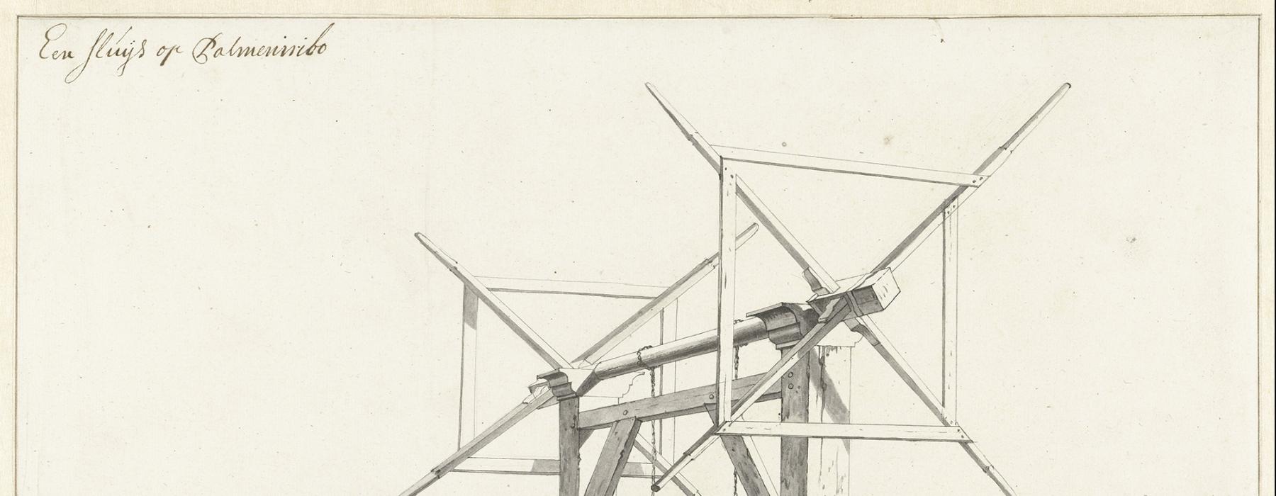 Sluis op de plantage Palmeniribo te Suriname, 1708, Dirk Valkenburg (1675 - 1721). Collectie Rijksmuseum.