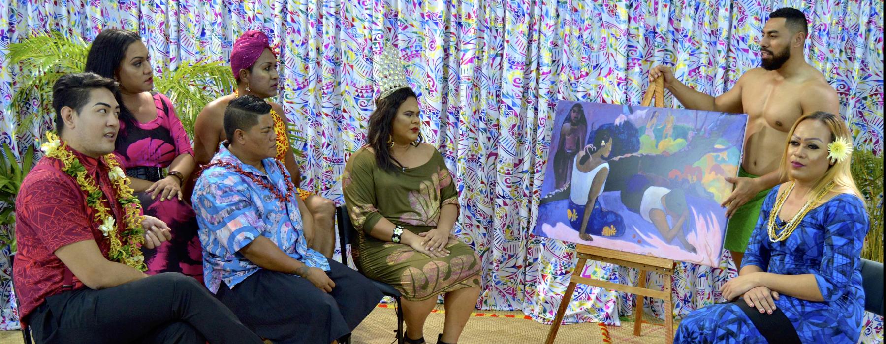 ‘First Impressions: Paul Gauguin’ (2018) by Yuki Kihara; Still; HD video; 16:9; 13min duration. 5-part episodic talk-show series. Commissioned by the Fine Arts Museums of San Francisco, the Ny Carlsberg Glyptotek, Copenhagen. Courtesy of Yuki Kihara, the Fine Arts Museums of San Francisco, the Ny Carlsberg Glyptotek, Copenhagen and Milford Galleries Dunedin, Aotearoa New Zealand.