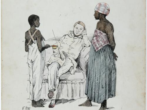 Théodore Bray, 'Een plantagedirecteur met huismeid en huisjongen,' Suriname, 1840 - 1850. TM-3444-5.